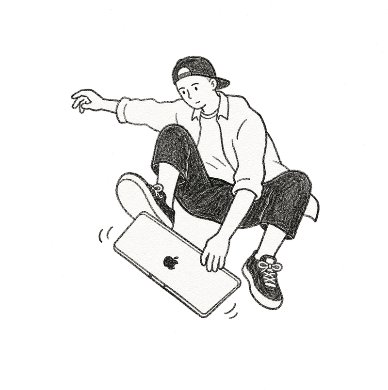 MacBookをスケートボードのように乗りこなすイラスト